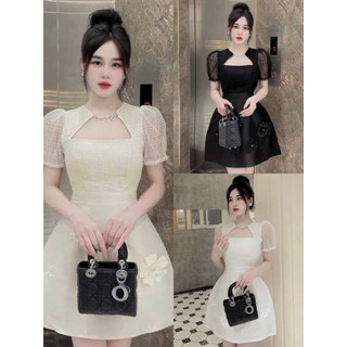 Đầm thời trang nữ mặc đi dự tiệc chất tapta phối vân mây cổ vuông chéo tay búp đính cườm đính đá bông QC