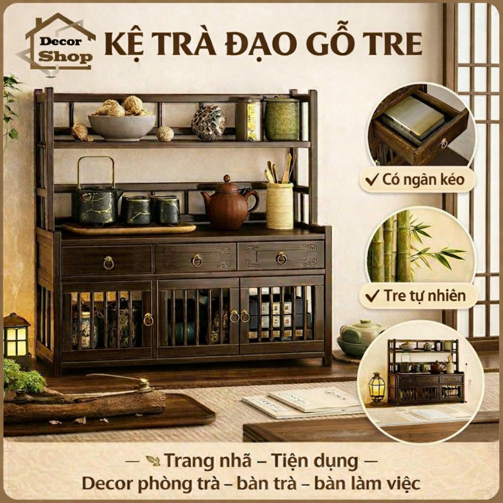 Kệ để ấm chén trà 3 tầng có ngăn kéo 60cm - Kệ trưng bày trà cụ, Khay để ấm chén pha trà decor phòng
