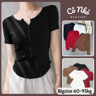 Áo Thun Bigsize Nữ Co Giãn Vải Tăm Gân Dáng Vừa Có Túi Nhỏ Trước Cá Tính Cổ Cúc Basic A274