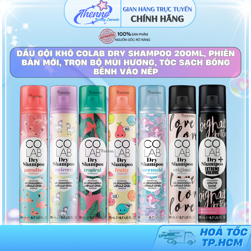Dầu Gội Khô Colab Dry Shampoo 200ml, Phiên Bản Mới, Trọn Bộ Mùi Hương, Tóc Sạch Bồng Bềnh Vào Nếp