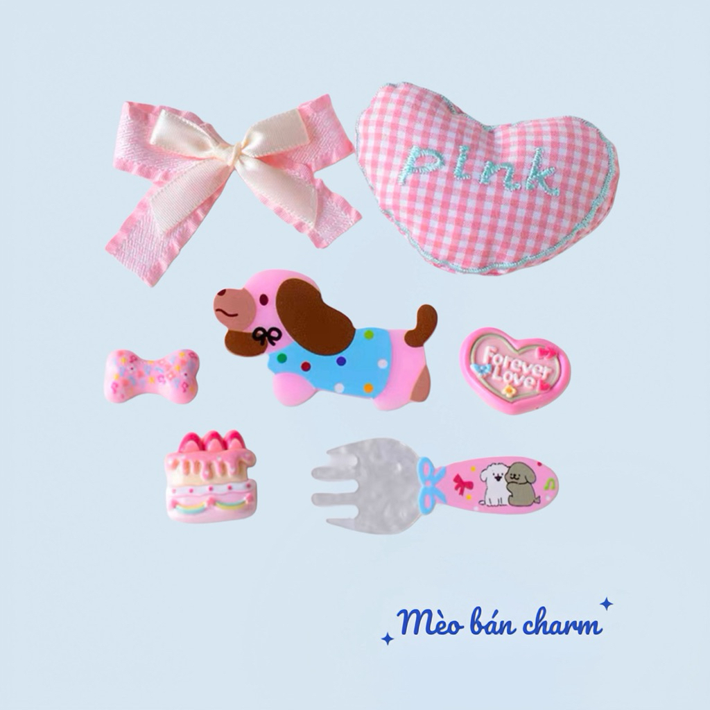 [Sẵn Ship] Charm Trái Tim Bông Pink, Cún Con, Bánh Kem Nơ Hồng M035