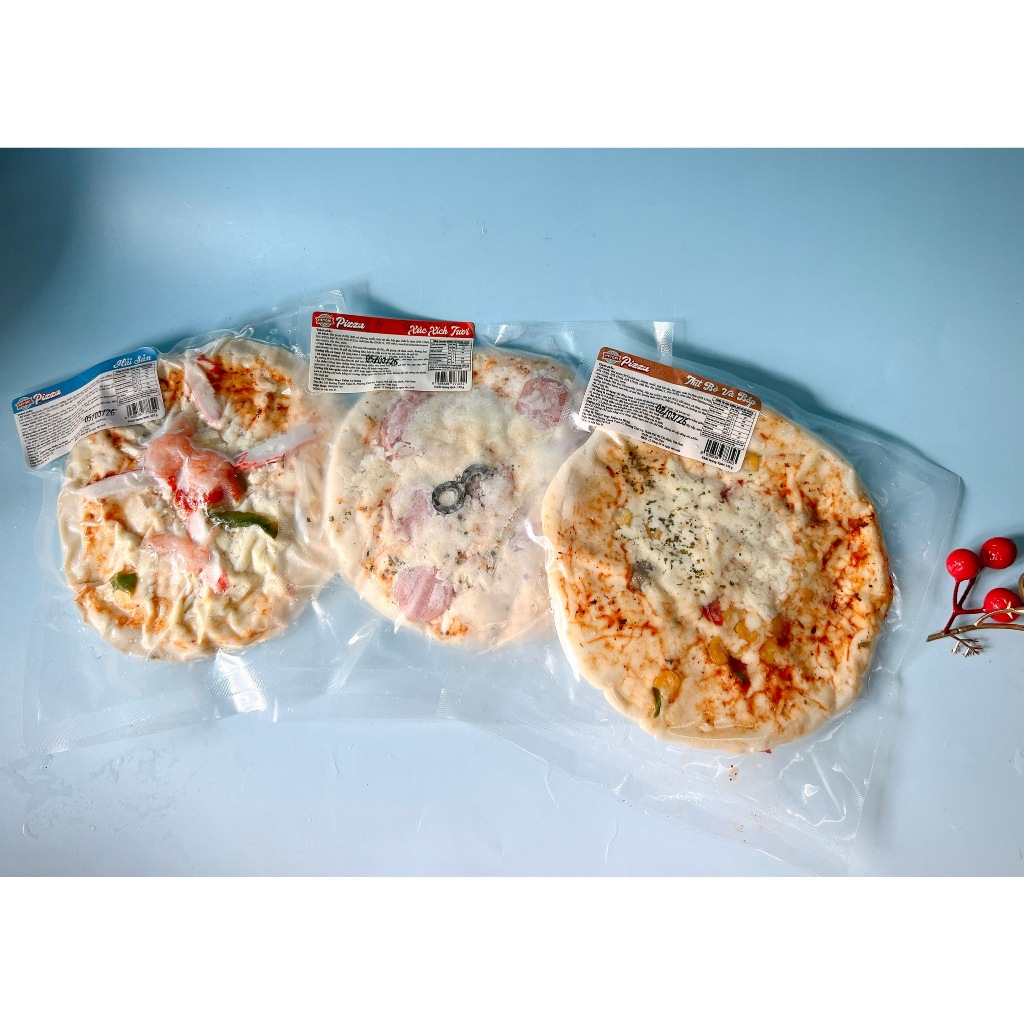 Pizza chế biến sẵn size 15cm ( Đủ Vị: Hải Sản, Xúc xích, thịt bò, Bắp, chưa nướng)