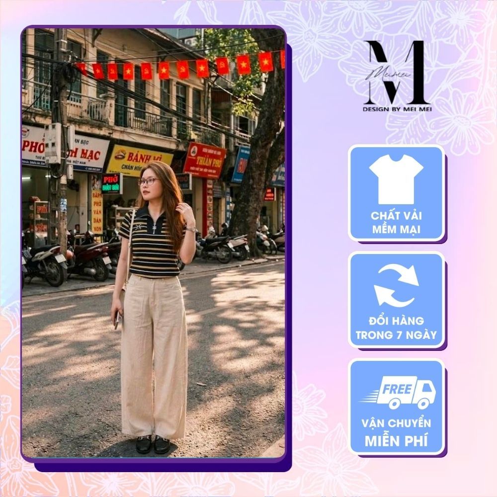 Set Đồ Nữ MeiMei Áo Thun Polo Nữ Kẻ Ngang Phối Quần Ống Rộng Thời Trang ST25519