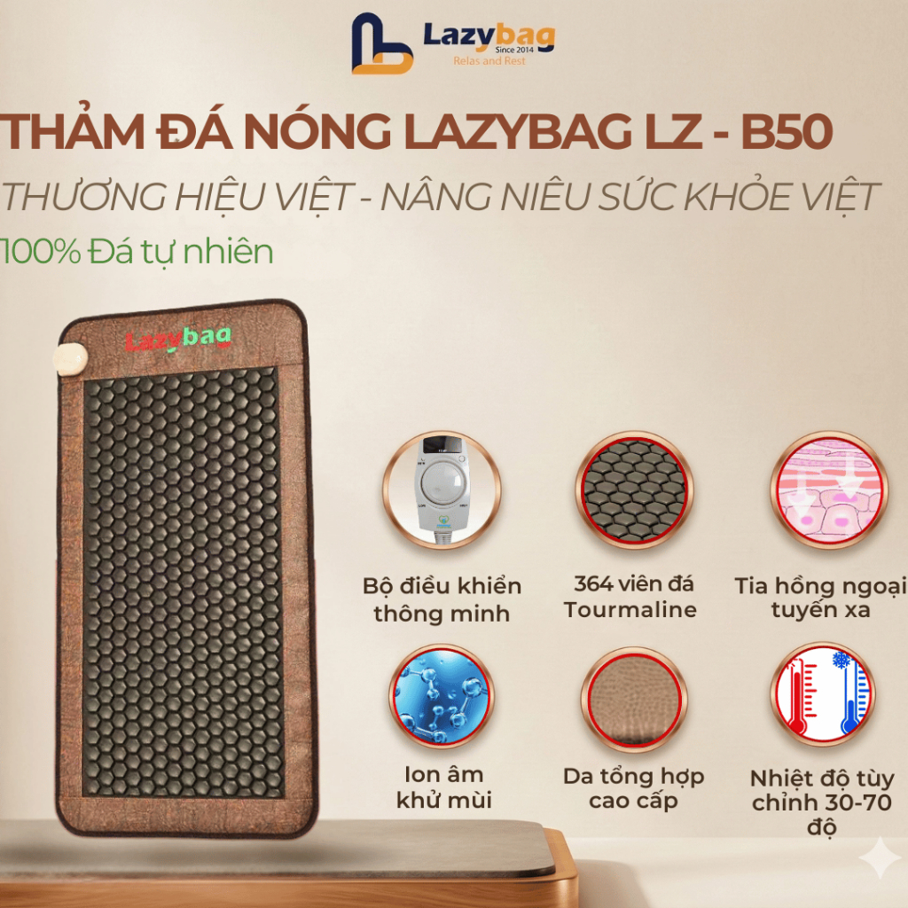 Thảm Nệm Đá Nóng Lazybag LZ-50 (50x100cm) - Đệm Sưởi Argeta Đen Da Saffiano Linh Hoạt