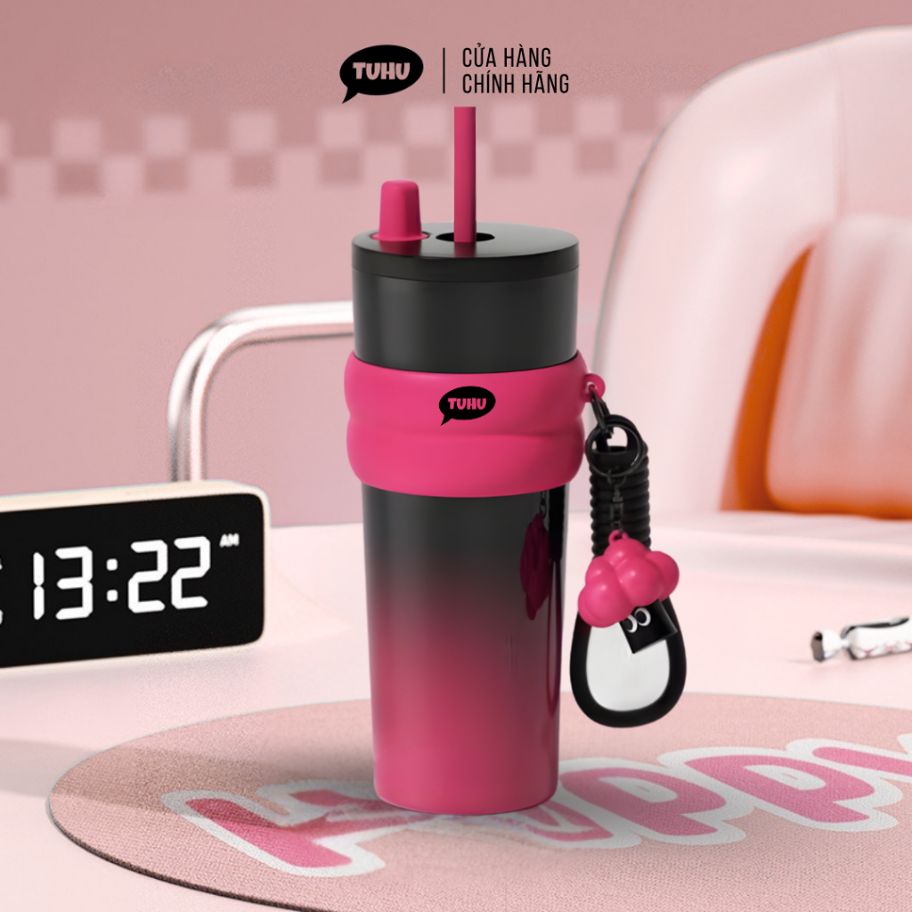 Ly giữ nhiệt khắc tên Fun 710ml có quai xách, bình nước giữ nhiệt nóng lạnh inox 316 cao cấp có ống 