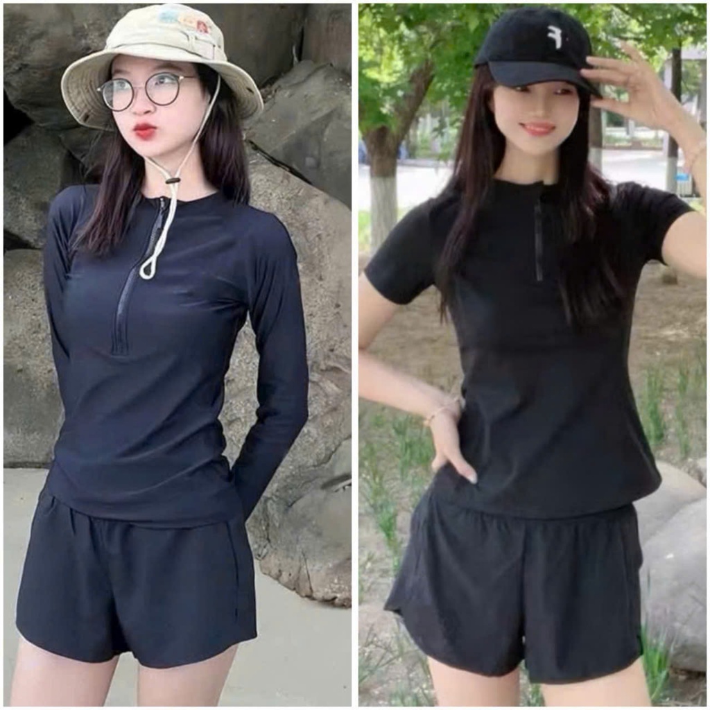 Đồ bơi tay dài kín đáo đồ bơi 2 mảnh tay dài khóa kéo quần đùi  2 lớp che nắng thể thao | BigBuy360 - bigbuy360.vn