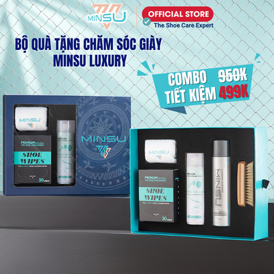 Bộ Quà Tặng Chăm Sóc Giày MINSU Luxury Ý Nghĩa 5 Món Gồm Chai Xịt Vệ Sinh, Khử Mùi, Shoe Wipes Khăn Lau Giày, Bàn Chải