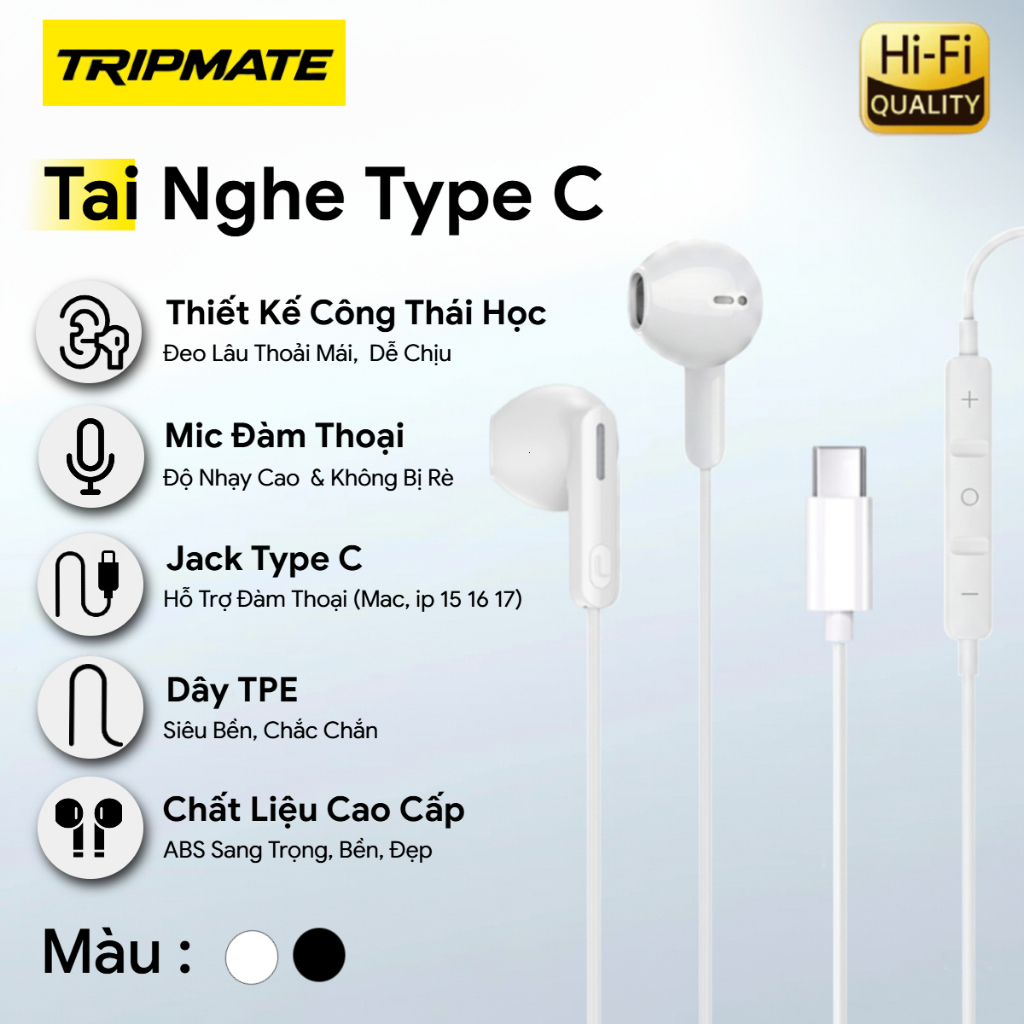 Tai nghe Type C TRIPMATE, chất lượng âm thanh HIFI, công thái học dễ chịu khi đeo, TPE siêu bền