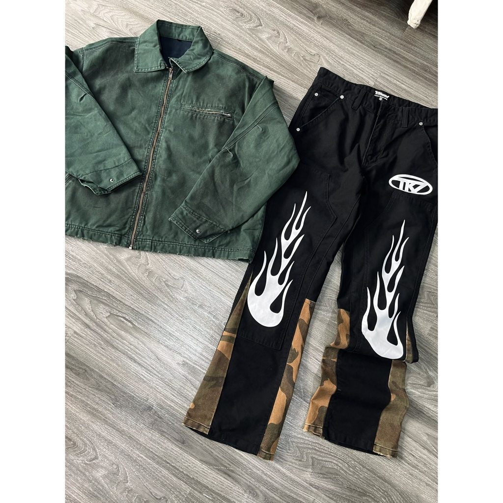 Quần Black Canvas Double Knee Flare phối Camo TR7 House