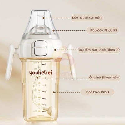 Bình Tập Uống Cho Bé KidAndMom Youkebei Zaxion 240-300ml Bình Tập Hút Có Chống Sặc, Chất Liệu PPSU