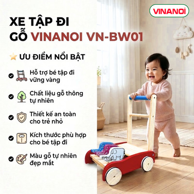 Xe Tập Đi Gỗ VINANOI VN-BW01 Cho Bé 1+ Tuổi - Xe Đẩy Tập Đi Bằng Gỗ Thông Tự Nhiên, Giúp Bé Tập Đi Vững Vàng
