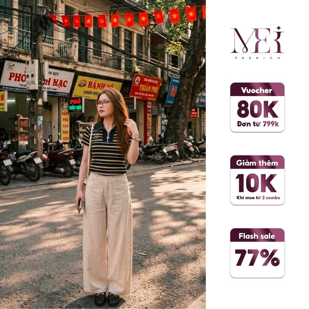 Set Đồ Nữ MeiMei Áo Thun Polo Nữ Kẻ Ngang Phối Quần Ống Rộng Thời Trang ST25519 Ver3