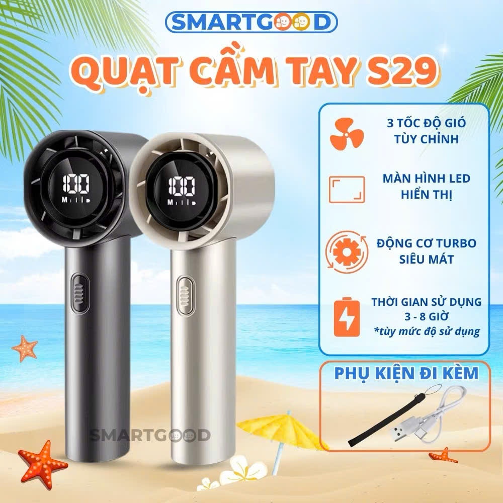 [Xả Hàng] Quạt Tích Điện Mini Turbo S29 Nhiều Cấp Độ Gió, Quạt Điện Cầm Tay Hiển Thị Đèn Led 100 Gear Tốc Độ Cao.