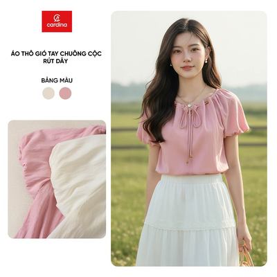 Áo kiểu nữ CARDINA chất thô gió tay chuông cộc tay cổ rút dây 6AKC12