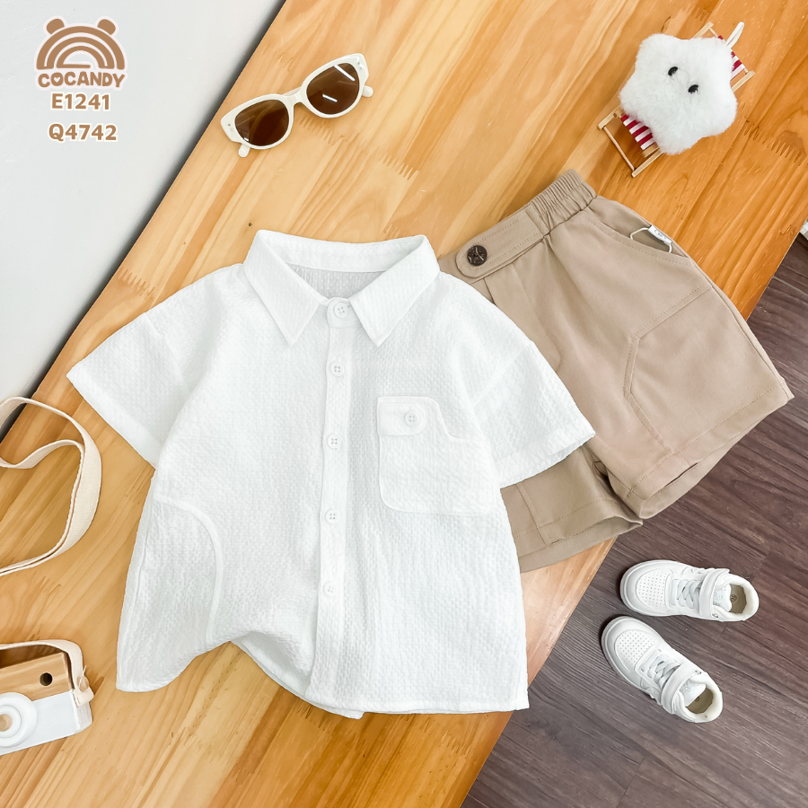 Set cho bé COCANDY -Áo cộc TRẮNG sơ mi nơ cổ nẹp sườn chéo và Quần cộc ĐEN túi nắp COCANDY Q295,E124