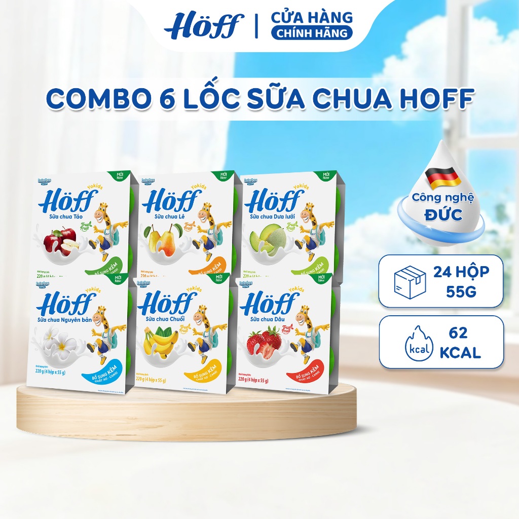 (Mới) Combo Sữa chua Hoff mix 6 vị trái cây cho bé ăn dặm hỗ trợ tiêu hóa 6 lốc ( 24 hộp x 55g)