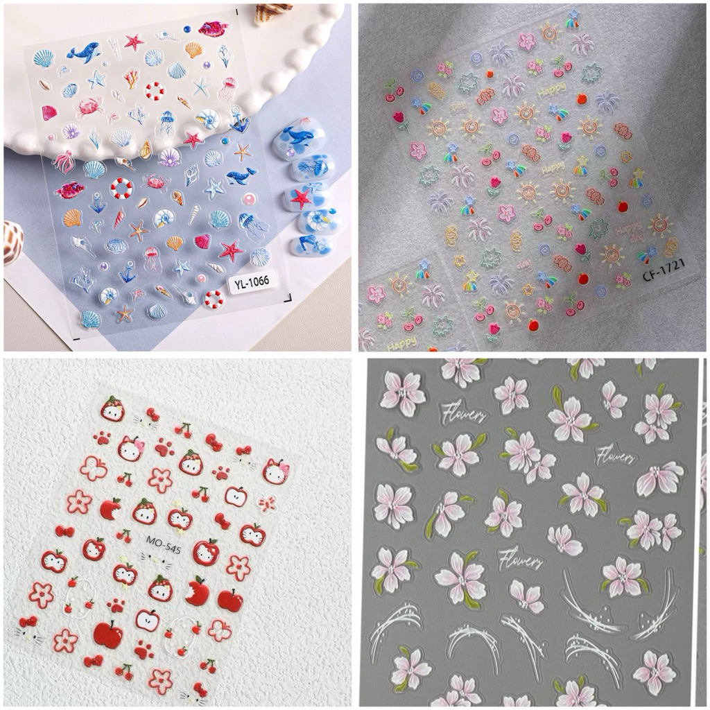 Sticker hoa nổi 5D hoa mặt cười sò biển dán móng tay