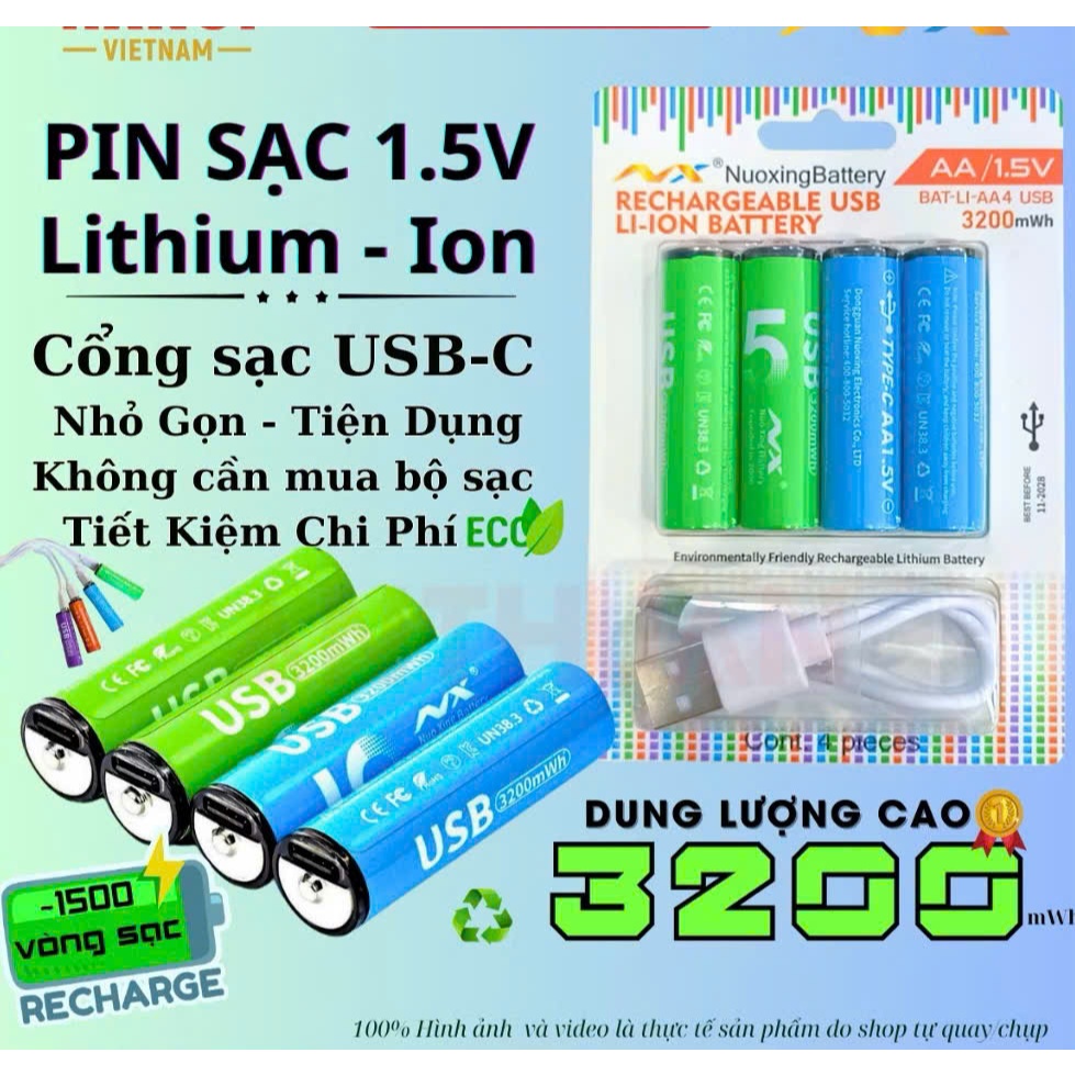 Pin sạc AA / AAA 1.5 type-C sạc nhanh dung lượng cao 3200mWh dùng 10năm - trên 1200lần