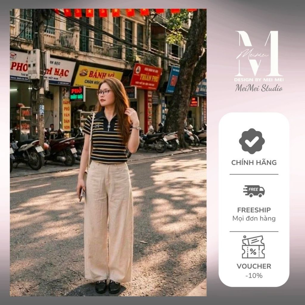 Set Đồ Nữ MeiMei Áo Thun Polo Nữ Kẻ Ngang Phối Quần Ống Rộng Thời Trang ST25519 Ver8