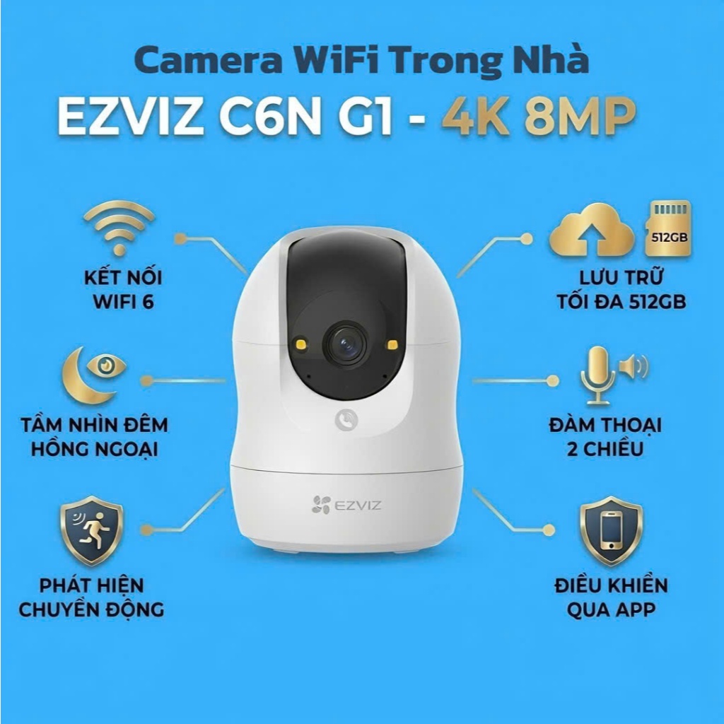 Camera WiFi Trong Nhà EZVIZ C6N 2MP / C6N G1 8MP Xoay 360, Hỗ Trợ WiFi 6,BH 2 Năm