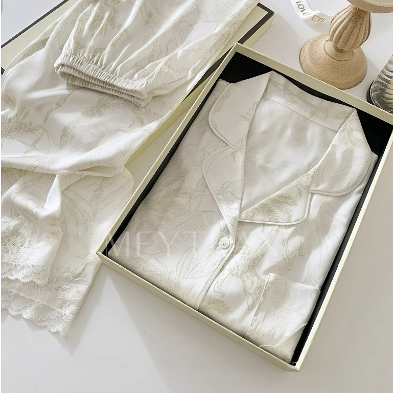 ĐỒ NGỦ PIJAMA NỮ LỤA SATIN CAO CẤP TAY DÀI QUẦN DÀI HOẠ TIẾT CAO CẤP MEY TRẦN