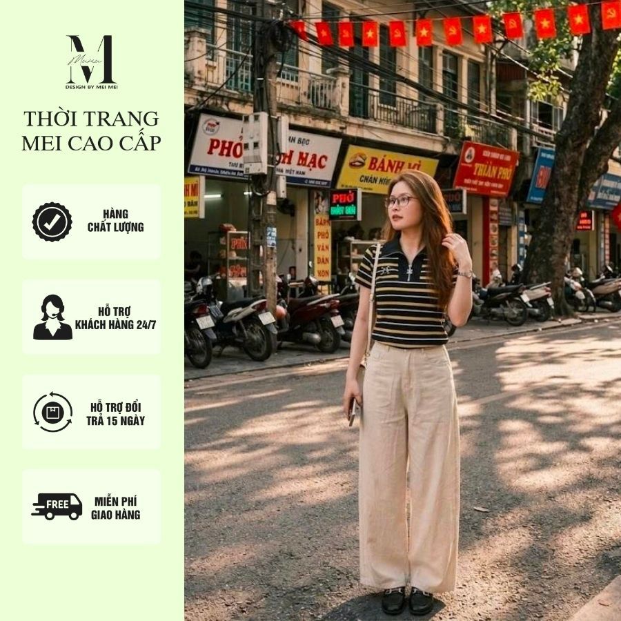 Set Đồ Nữ MeiMei Áo Thun Polo Nữ Kẻ Ngang Phối Quần Ống Rộng Thời Trang ST25519 Ver6