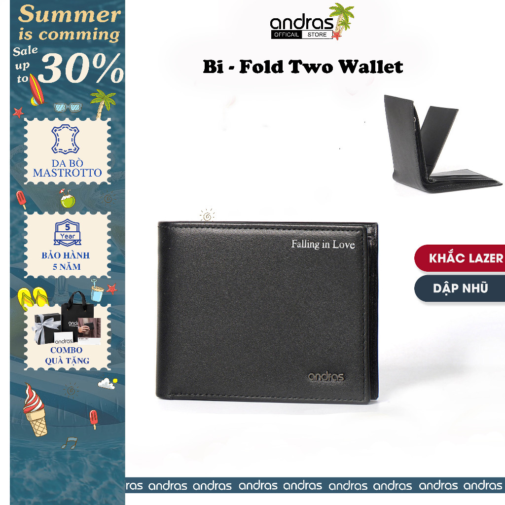 [Khắc Tên/Dập Nhũ] Ví nam ba lá gập đôi Tri-fold Two cao cấp bóp nam da thật dáng đứng Andras - V09