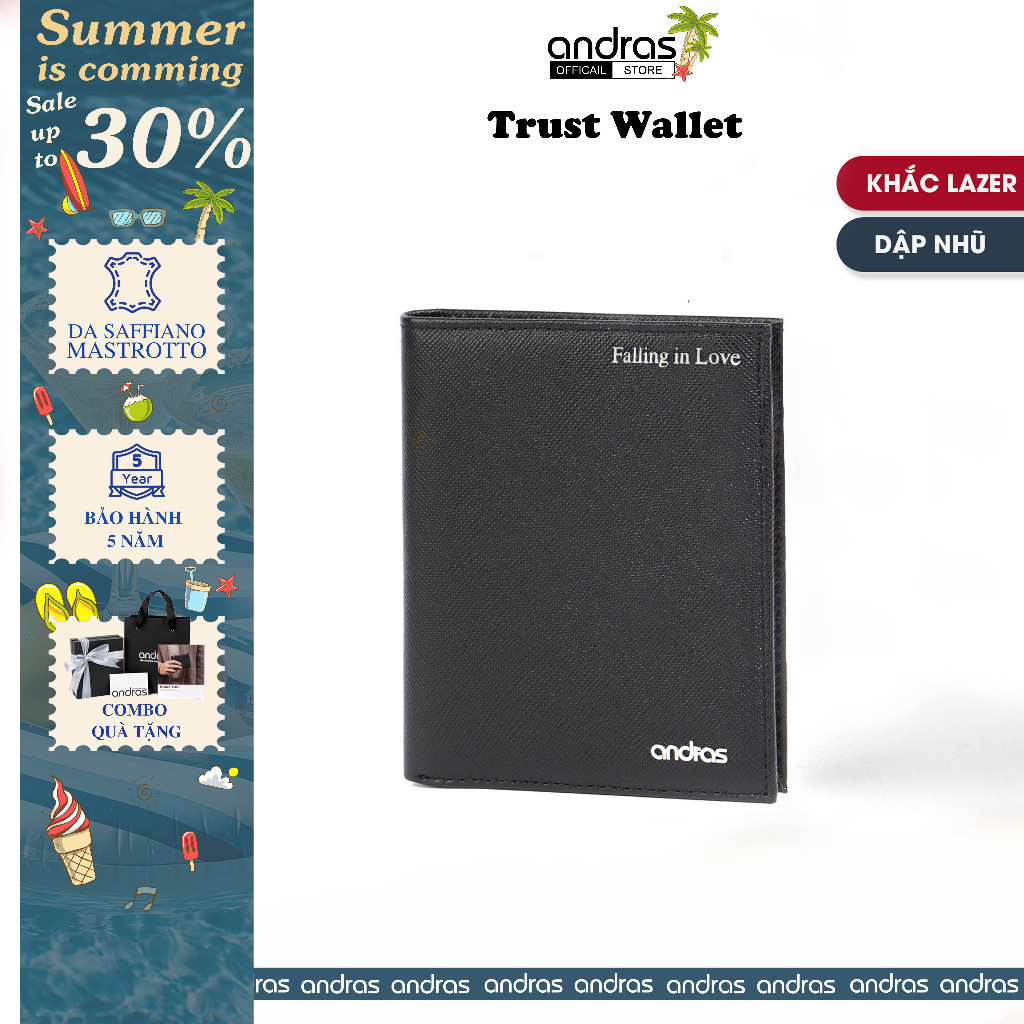 [Khắc Tên/Dập Nhũ] Ví nam da thật Saffiano gập đôi nhỏ gọn mini cao cấp Trust Wallet Andras - V10
