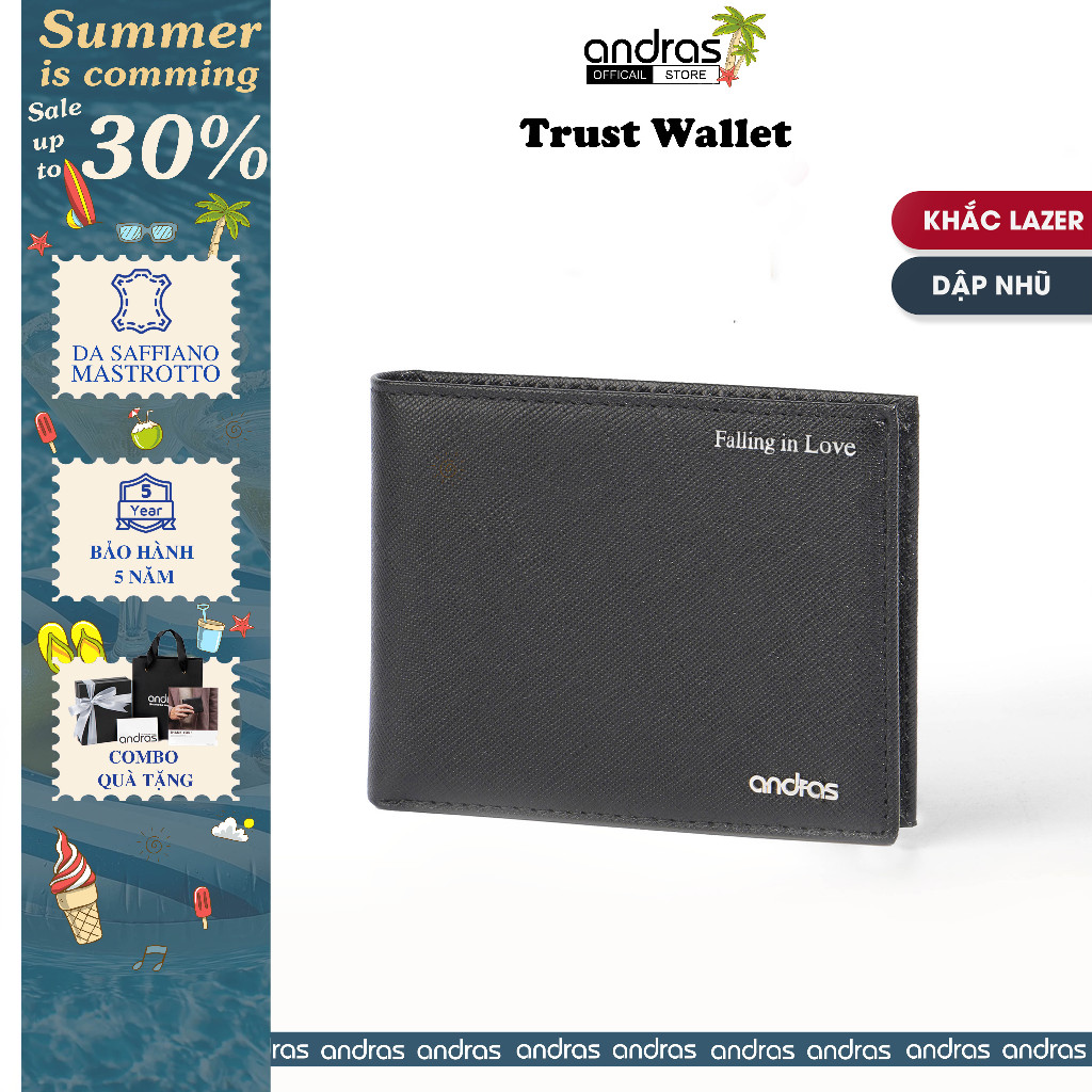 [Khắc Tên/Dập Nhũ] Ví nam da thật Saffiano gập đôi mini nhỏ gọn cao cấp Trust Wallet Andras - V10
