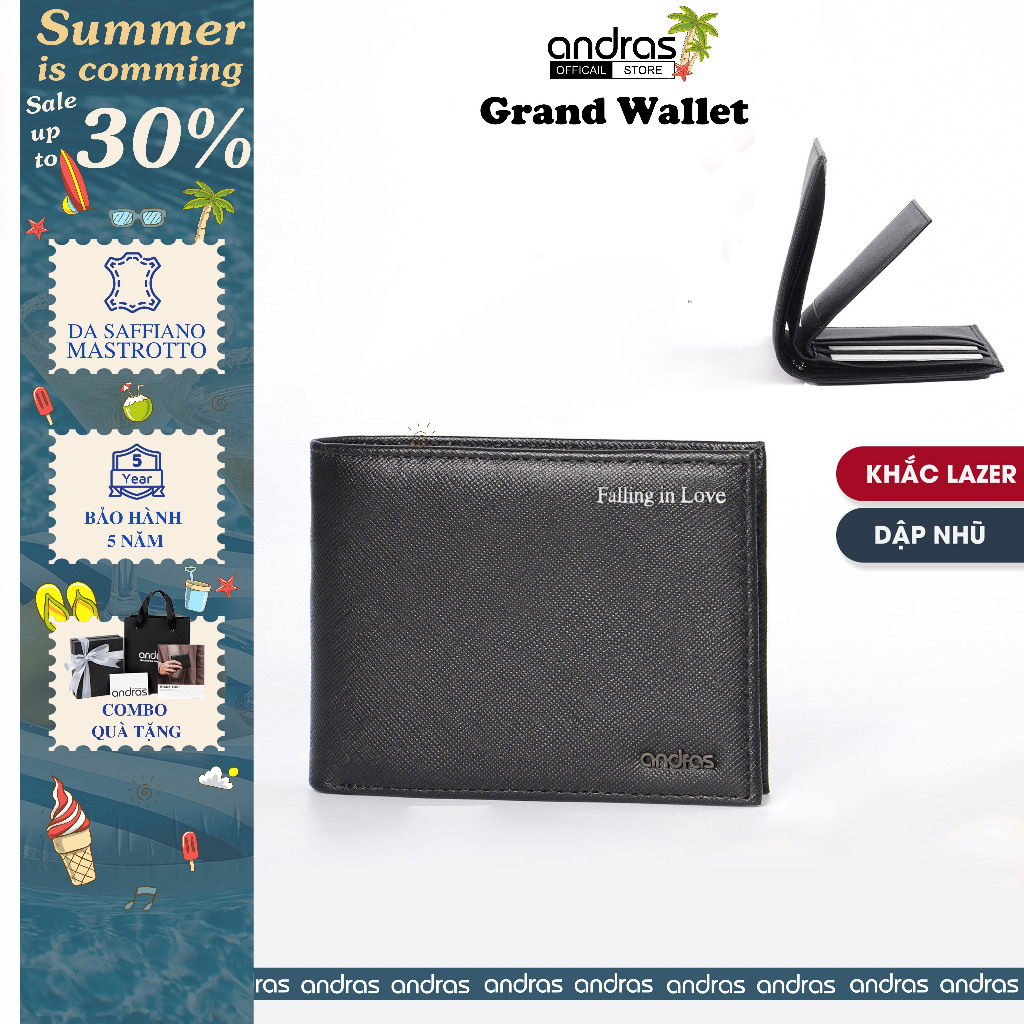 [Khắc Tên/Dập Nhũ] Ví nam da Saffiano ba lá gập đôi Grand Wallet bóp nam da thật cao cấp Andras -V12