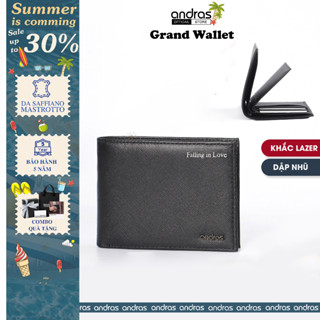[Khắc Tên/Dập Nhũ] Ví nam da Saffiano ba lá gập đôi Grand Wallet bóp nam da thật cao cấp Andras -V12