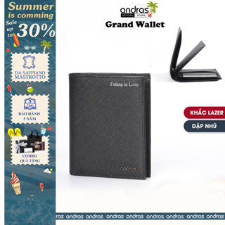 [Khắc Tên/Dập Nhũ] Ví nam da Saffiano ba lá gập đôi Grand Wallet bóp nam da thật cao cấp Andras -V12