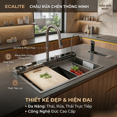 [MẪU 2026] - Chậu Rửa Chén Thông Minh Ecalite ES-N2310WF-S - Thác Nước Phím Nhấn, Inox 304 Cao Cấp, Chính Hãng