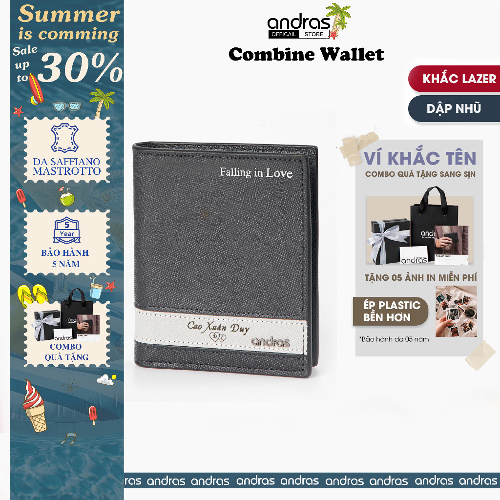 [Khắc Tên/Dập Nhũ] Ví nam phối màu Combine Wallet da Saffiano nhỏ gọn bóp nam cao cấp dáng đứng -V13