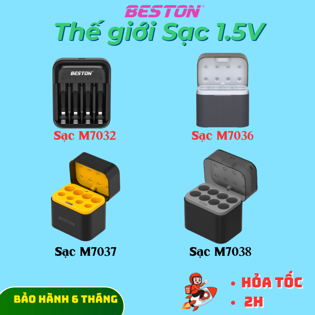 Bộ Sạc Beston M7038 sạc được cho cả pin 1.2V và 1.5V, cổng sạc type C tiện lợi, có đèn báo sạc