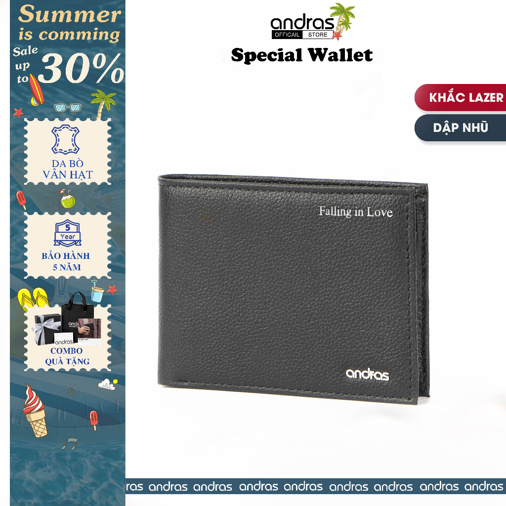 [Có Dập Nhũ] Ví nam da thật gập đôi Bi-fold Special Wallet bóp nam mini cao cấp Andras Brand - V16