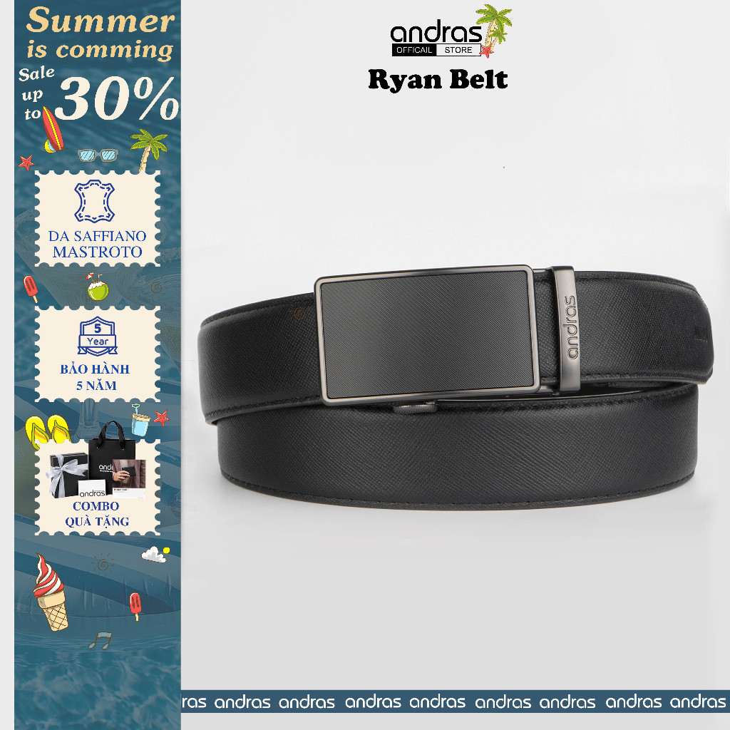 Thắt lưng da nam tự động Ryan Belt da bò thật vân Saffiano dây lưng khóa tăng Andras cao cấp - TL02