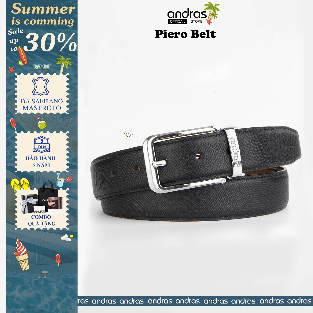 Thắt lưng da nam Piero Belt da bò thật vân Saffiano dây lưng khóa kim đúc Andras cao cấp - TL01