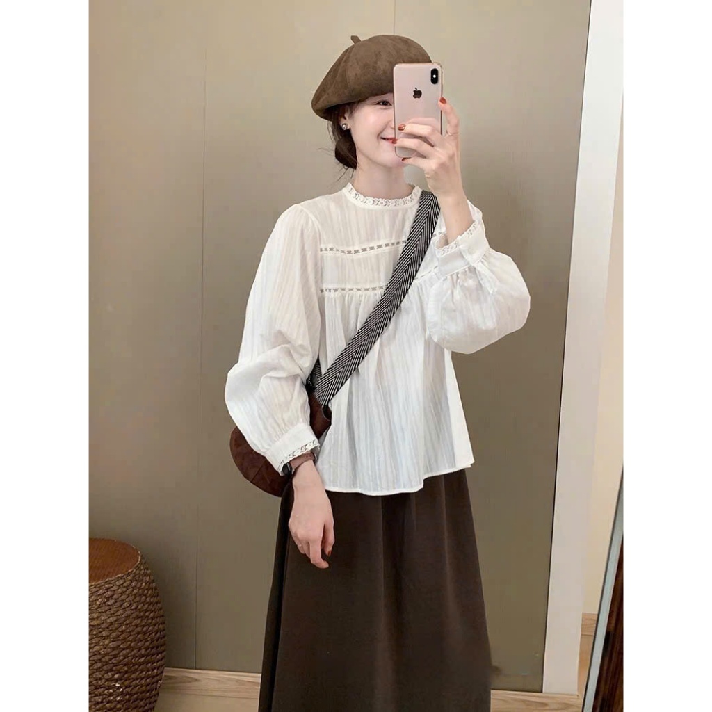 Áo babydoll trắng phối ren thân cổ tay áo dài tay by Cimie Closet