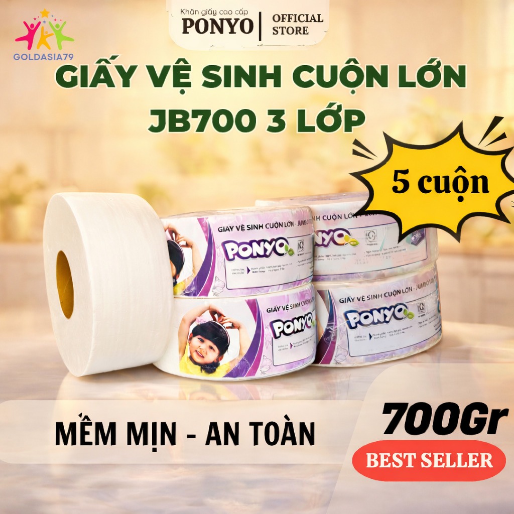 Combo 5 Cuộn Giấy Vệ Sinh Cuộn Lớn Ponyo JB700 3 Lớp 700g – Giấy Siêu Dày, Mềm Mịn, Tan Nhanh Trong 
