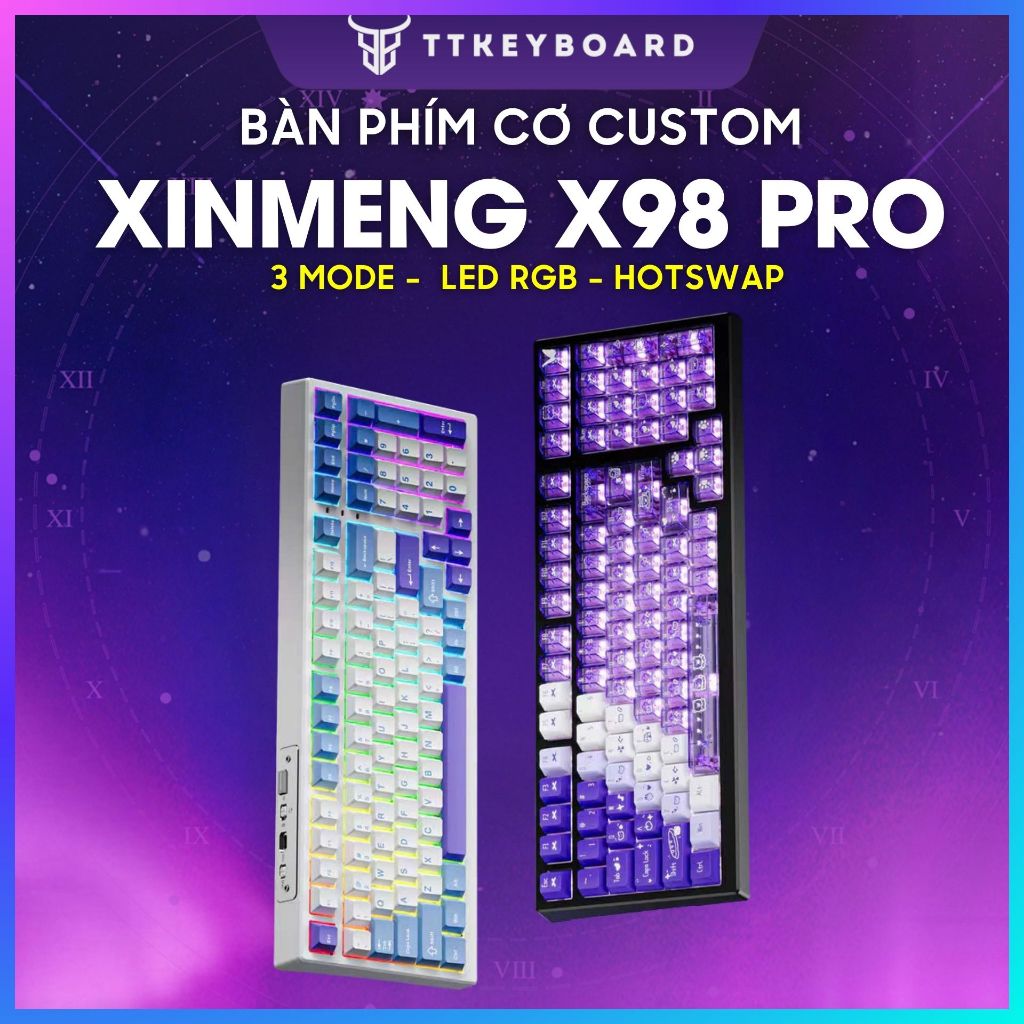 [Hỏa Tốc]Bàn Phím Cơ Bluetooth Xinmeng X98 Pro V2 Mạch Xuôi 3 Mode Kết Nối Hotswap Led RGB
