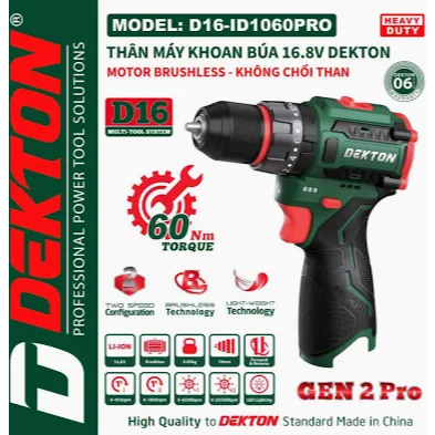 Máy khoan cầm tay hoạt động bằng pin hiệu DEKTON, model D16-ID1060PRO, màu xanh
