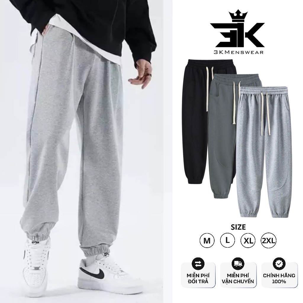 Quần Nỉ Nam, Quần Jogger 3KMenswear Ống Rộng Thể Thao Chất Liệu Nỉ Cotton Sport Gym Tập Gym