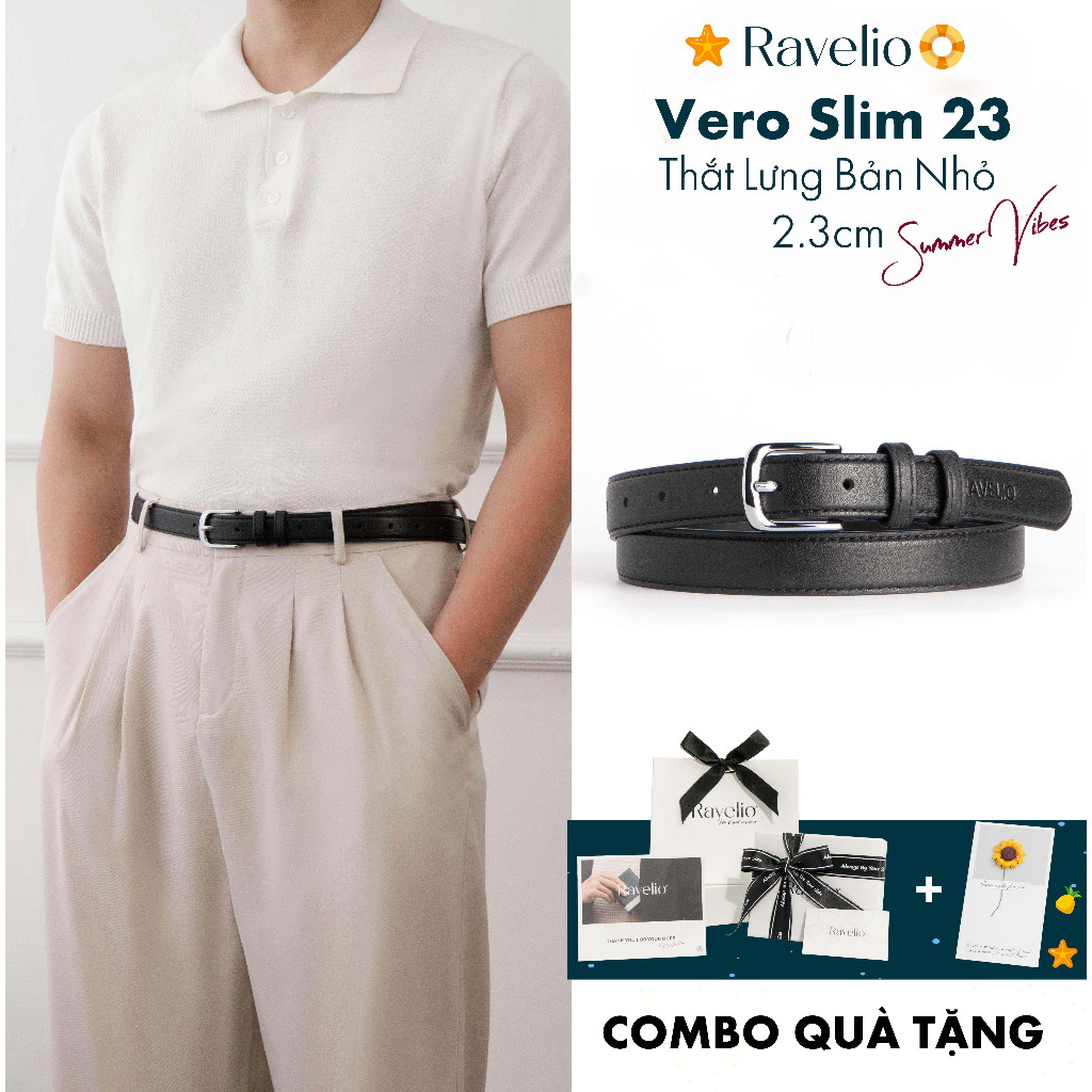 Thắt lưng bản nhỏ Vero Slim Belt 2.3cm nam khóa kim da Microfiber siêu bền cao cấp Ravelio - T115