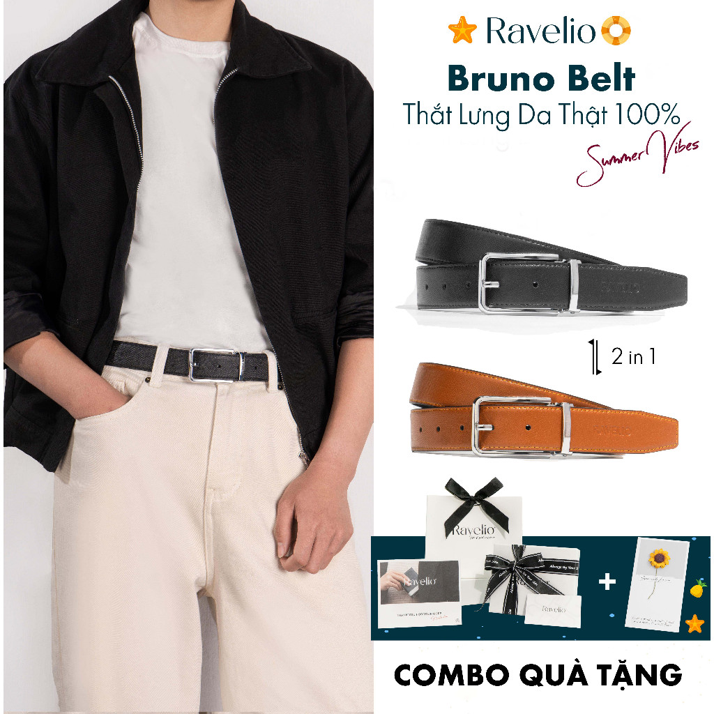 Thắt lưng nam khóa kim Bruno Belt da bò thật bảo hành 2 năm cao cấp dây lưng khóa kim Ravelio - T103