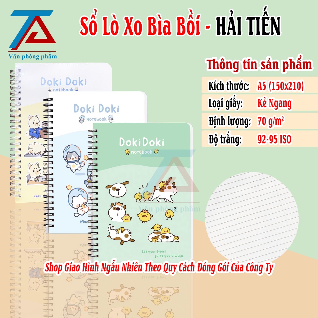 Sổ Lò Xo Bìa Bồi Hải Tiến, Sổ Lò Xo DOKI DOKI Kẻ Ngang, 200/300 Trang Khổ A4/A5/A6 - VPP Trường Anh