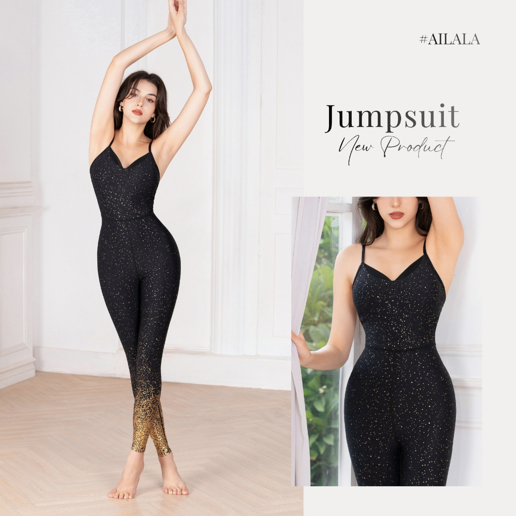 Bộ Đồ Thể Thao Liền Thân Tập Yoga Gym Nữ AiLALA LUX63B, Jumpsuit Sẵn Đệm Ngực Họa Tiết Ánh Kim
