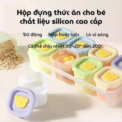 Set 4 và 8 Hộp Trữ Đông Đồ Ăn Dặm Cho Bé có kèm khay Chất Liệu Silicone 50ML Hình Gấu KidAndMom
