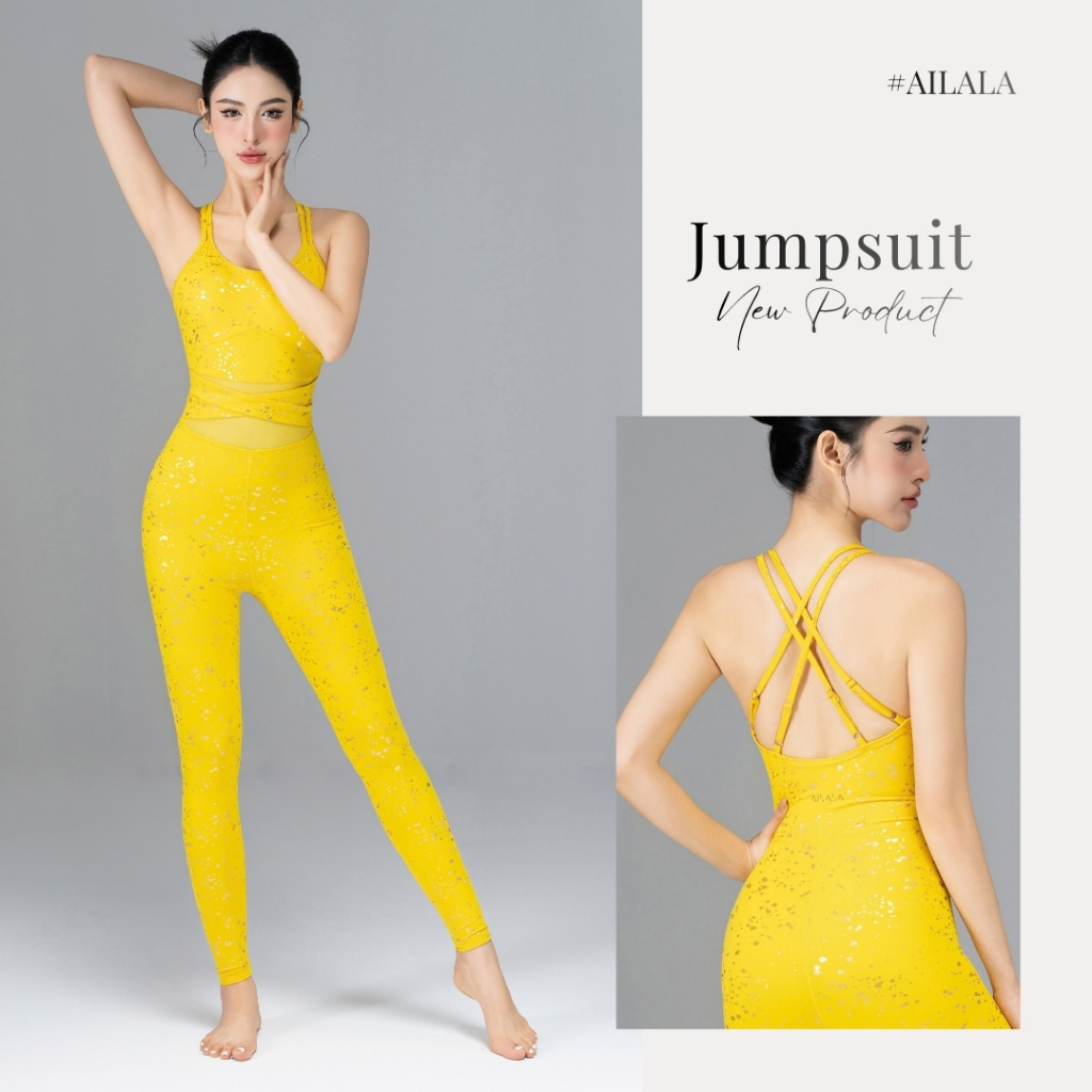 Jumpsuit Thể Thao Tập Yoga Gym Nữ AiLALA LUX95B, Bộ Đồ Liền Sẵn Đệm Dây Lưng Đan Họa Tiết Ánh Kim