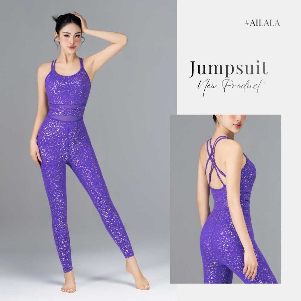 Jumpsuit Thể Thao Tập Yoga Gym Nữ AiLALA LUX99B, Bộ Đồ Liền Sẵn Đệm Dây Lưng Đan Họa Tiết Ánh Kim